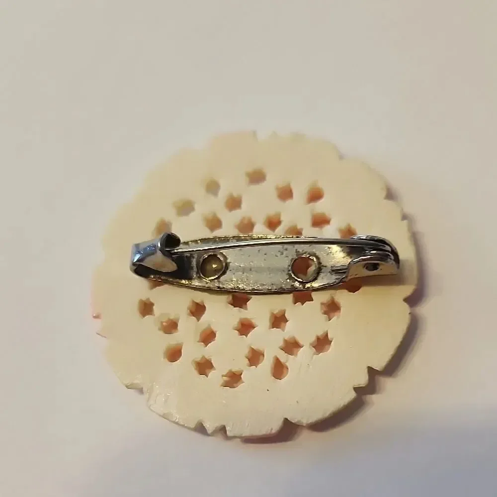 RARE Pink and Cream Carved Celluloid Vintage Floral Brooch
